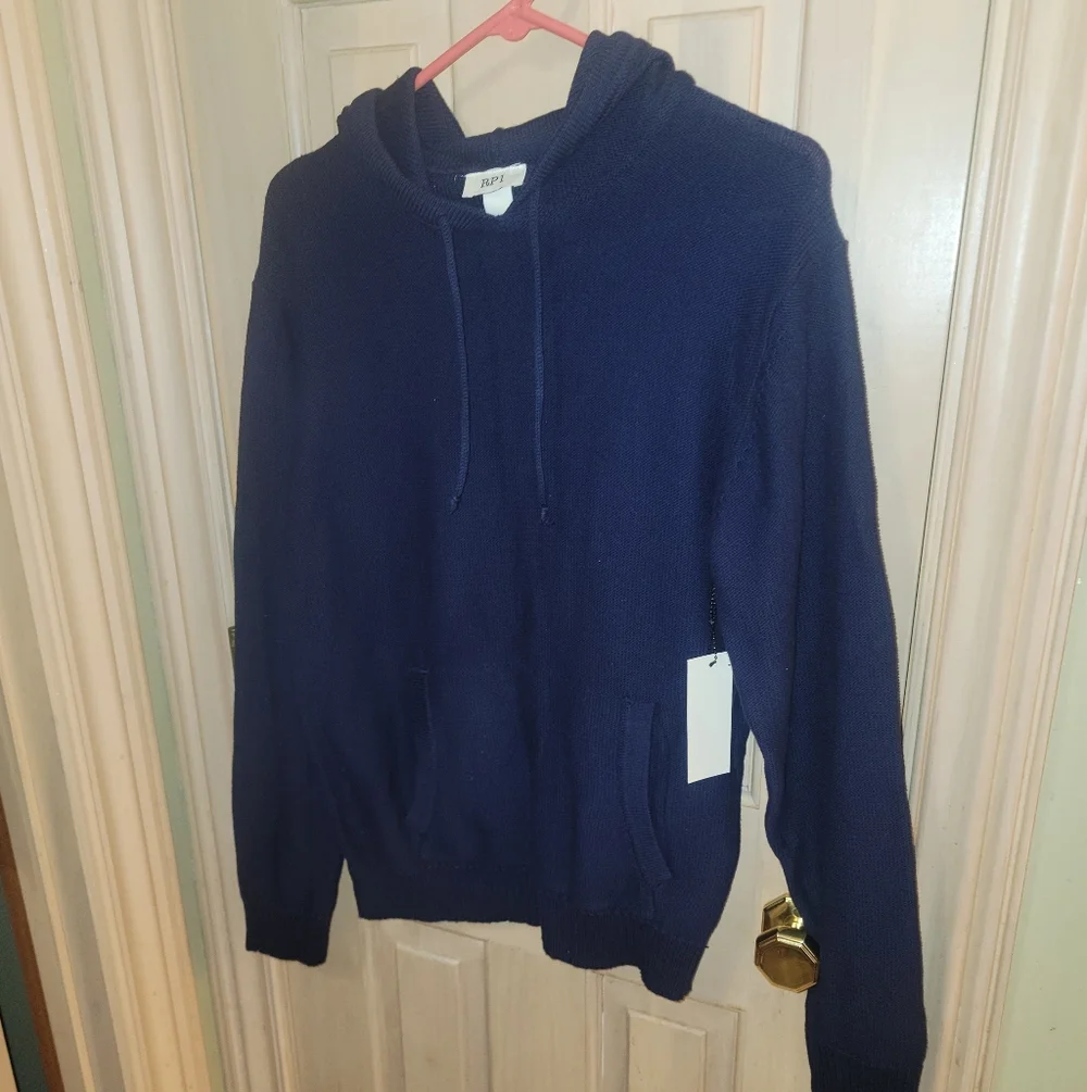 Mens Sz M RP1 Hooded Navy Sweater Pouch Pockets NWT